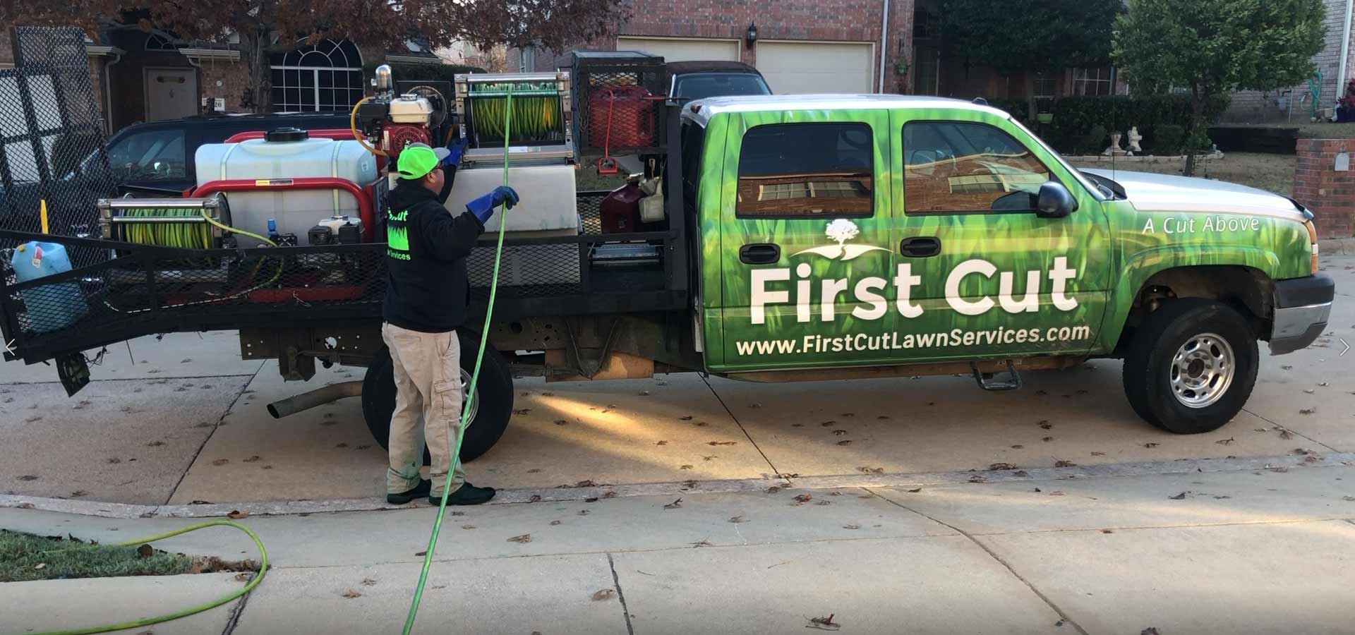 First Cut Lawn Services work truck in Keller, TX.
