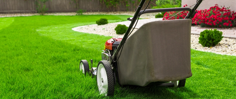 Professional mowing lawn in Lake Worth, TX.